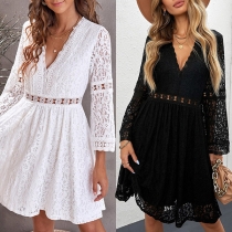 Sexy V-neck Trumpet Sleeve High Waist Solid Color Lace Dress