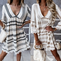 Sexy V-neck Lace Spliced 3/4 Sleeve Loose Printed Dress