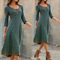 Bohemian Style 3/4 Sleeve Round Neck Printed Dress