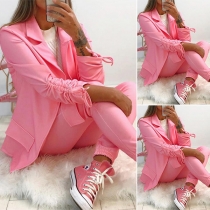 OL Style Drawstring Long Sleeve Solid Color Blazer + Pants Two-piece Set