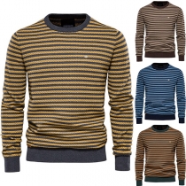 Fashion Long Sleeve Round Neck Stripe Knit Top Sweater for Man