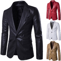 Fashion Solid Color Long Sleeve Notched Lapel Man's PU Leather Coat
