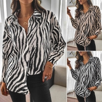 Fashion Long Sleeve POLO Collar Single-breasted Loose Stripe Printed Shirt