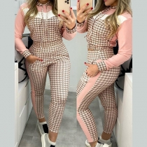 Fashion Houndstooth Spliced Long Sleeve Round Neck Sweatshirt + Pants Two-piece Set