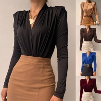 Sexy V-neck Long Sleeve Solid Color Slim Fit Bodysuit