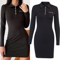 Fashion Solid Color Long Sleeve POLO Collar Slim Fit Dress