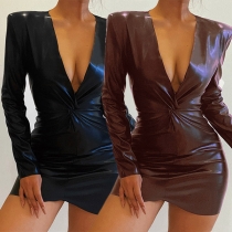 Sexy Deep V-neck Long Sleeve Slim Fit Knitted PU Leather Dress