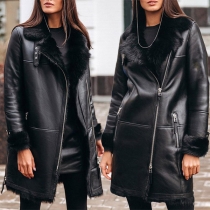 Fashion Faux Fur Collar Long Sleeve Oblique Zipper PU Leather Coat