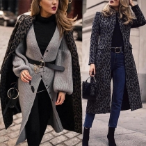 Fashion Long Sleeve Notched Lapel Leopard Printed Slim Fit Overcoat