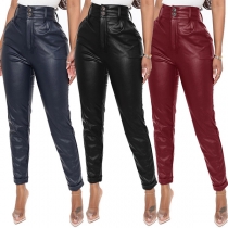 Fashion Solid Color High Waist Slim Fit PU Leather Pants
