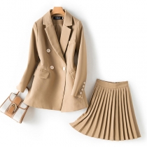 OL Style Long Sleeve Double-breasted Blazer + High Waist Pleated Skirt Two-piece Set