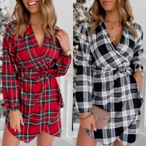 Fashion Long Sleeve V-neck Irregular Hem Plaid Shirt Dress