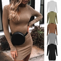Simple Style Long Sleeve Mock Neck Solid Color Slim Fit Knit Dress