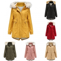 Fashion Faux Fur Collar Detachable  Hooded Long Sleeve Solid Color Plush Lining Warm Coat