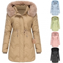Fashion Faux Fur Collar Detachable  Hooded Long Sleeve Solid Color Plush Lining Warm Coat