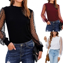 Sexy Dots Gazue Spliced Long Sleeve Round Neck Solid Color Top