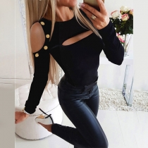 Sexy Off-shoulder Long Sleeve Round Neck Slim Fit Hollow Out T-shirt