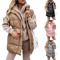 Fashion Solid Color Long Sleeve Stand Collar Drawstring Waist Warm Vest