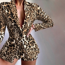 Fashion Leopard Printed Two-piece Suit Set Consist of Notch Lapel Blazer and Shorts