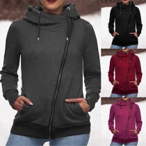 Fashion Solid Color Long Sleeve Hooded Oblique Zipper Sweatshirt