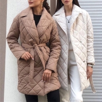 Fashion Solid Color Long Sleeve Notched Lapel Warm Padded Coat with Waist Strap