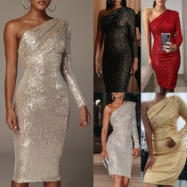 Sexy One-shoulder Long Sleeve Slim Fit Sequin Party Dress