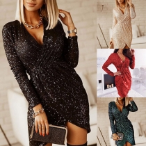 Sexy V-neck Long Sleeve Irregular Hem High Waist Slim Fit Sequin Party Dress