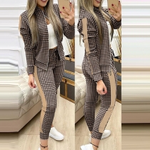 Fashion Contrast Color Plaid Long Sleeve Stand Collar Jacket + Pants Two-piece Set