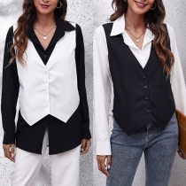 Fashion Contrast Color Long Sleeve POLO Collar Mock Two-piece Shirt