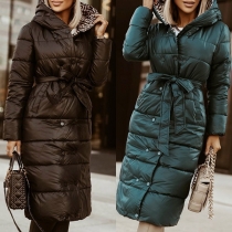 Fashion Solid Color Long Sleeve Hooded Long-style Warm Padded Coat with Waist Strap