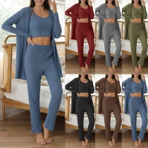 Fashion Solid Color Sling Crop Top + High Waist Pants + Cardigan Three-piece Set