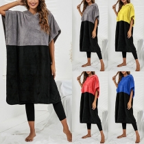Casual Style Short Sleeve Hooded Contrast Color Loose Home-wear Dress