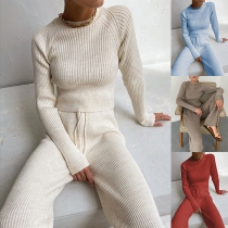 Fashion Contrast Color Long Sleeve Round Neck Top + Wide-leg Pants Two-piece Set