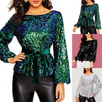 Fashion Lantern Sleeve Round Neck Lace-up Sequin Top