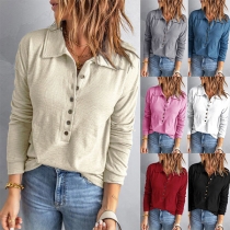 Fashion Solid Color Long Sleeve POLO Collar Front-button T-shirt