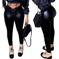 Fashion Solid Color Lace-up High Waist Tight PU Leather Pants