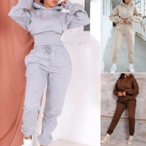 Fashion Solid Color Long Sleeve Hooded Sweatshirt + Pants Two-piece Set