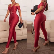 Sexy Off-shoulder Short Sleeve V-neck High Waist Slim Fit Red Jumpsuit