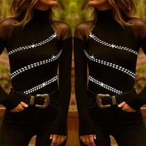 Sexy Gauze Spliced Off-shoulder Long Sleeve High Collar Rhinestone Top