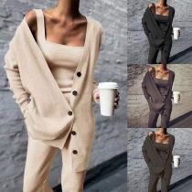 Fashion Solid Color Sling Top + Pants + Long Sleeve Cardigan Knit Three-piece Set
