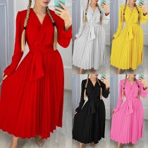 OL Style Long Sleeve V-neck Pleated Dress with Waistband