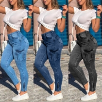 Fashion High Waist Side-pocket Zipper Leg Opening Slim Fit Jeans