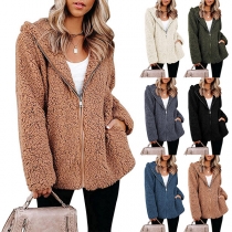 Fashion Solid Color Long Sleeve Hooded Zipper Clousre Plush Coat