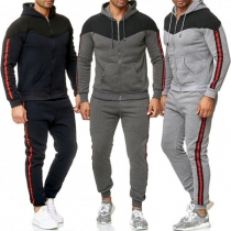 Casual Style Contrast Color Hooded Sweatshirt Coat + Pants Man's Two-piece Set