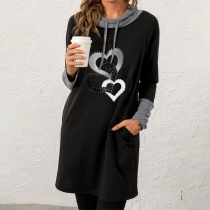 Fashion Contrast Color Long Sleeve Hooded Heart Pattern Sweatshirt Dress