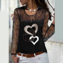 Sexy See-through Gauze Spliced Long Sleeve Round Neck Heart Pattern T-shirt