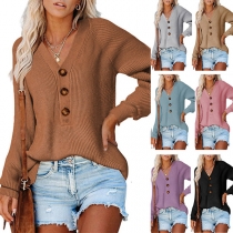 Fashion Solid Color Long Sleeve V-neck Front-button Knit Sweater