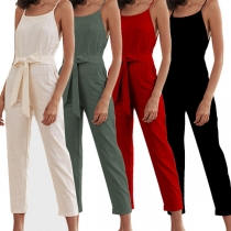 Sexy Backless Tie-belt High Waist Solid Color Sling Jumpsuit