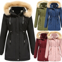 Fashion Faux Fur Spliced Detachable Hood Drawstring Waist Warm Padded Coat