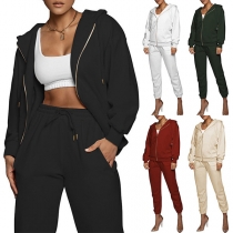 Fashion Solid Color Long Sleeve Hooded Sweatshirt Coat + Pants Two-piece Set